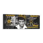 A stern crowned man in a grayscale portrait set over a black-and-gold one-hundred-dollar bill. panoramic glass wall art F