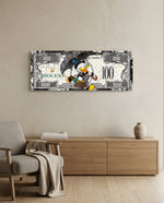 A dapper cartoon tycoon strolling with a black umbrella and a monogram handbag across a white one-hundred-dollar bill. panoramic glass wall art A