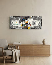 A dapper cartoon tycoon strolling with a black umbrella and a monogram handbag across a white one-hundred-dollar bill. panoramic glass wall art A