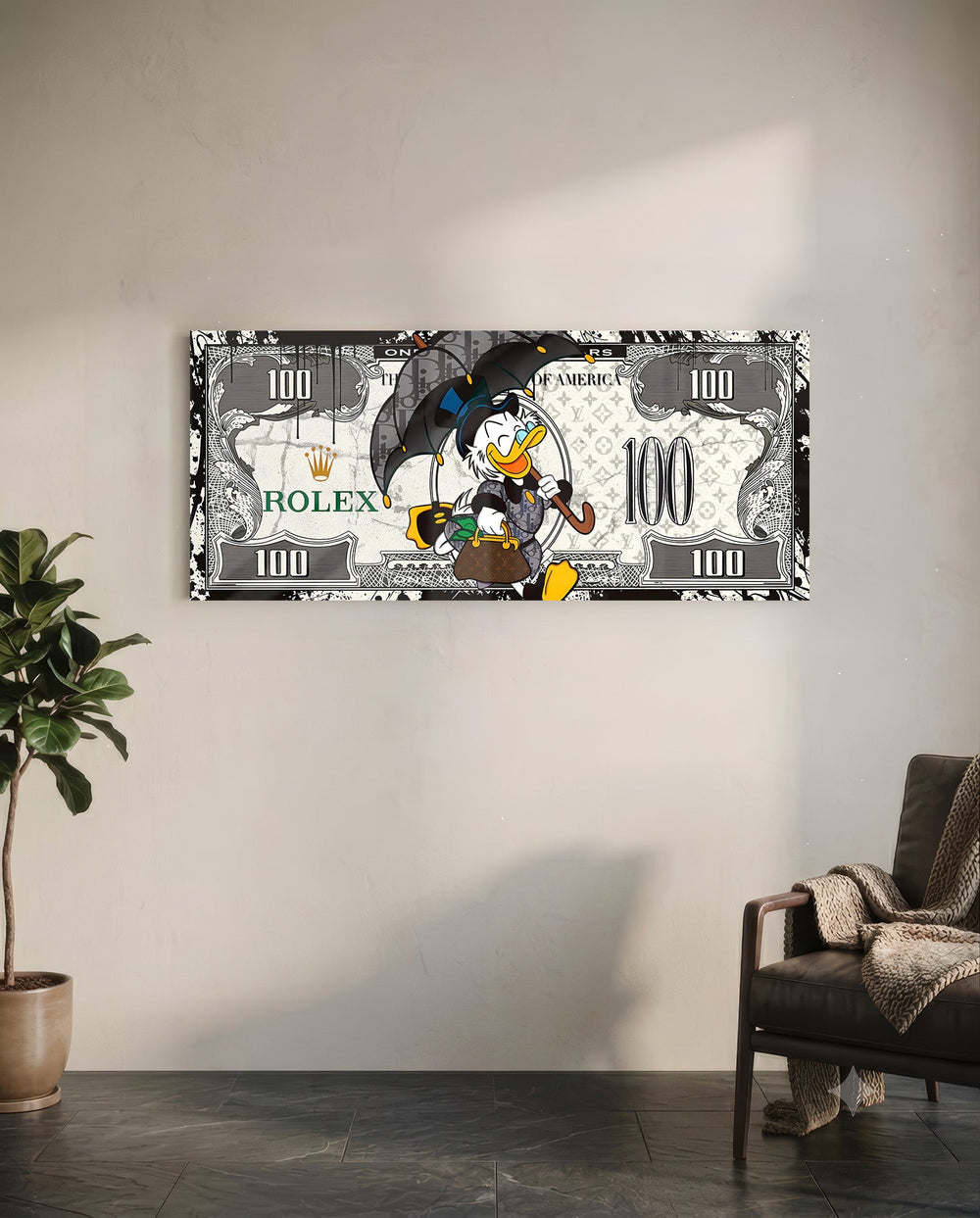 A dapper cartoon tycoon strolling with a black umbrella and a monogram handbag across a white one-hundred-dollar bill. panoramic glass wall art C
