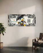 A dapper cartoon tycoon strolling with a black umbrella and a monogram handbag across a white one-hundred-dollar bill. panoramic glass wall art C