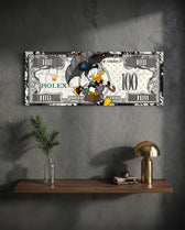 A dapper cartoon tycoon strolling with a black umbrella and a monogram handbag across a white one-hundred-dollar bill. panoramic glass wall art D
