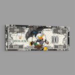 A dapper cartoon tycoon strolling with a black umbrella and a monogram handbag across a white one-hundred-dollar bill. panoramic glass wall art E