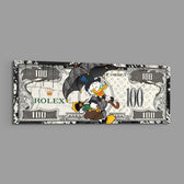 A dapper cartoon tycoon strolling with a black umbrella and a monogram handbag across a white one-hundred-dollar bill. panoramic glass wall art E
