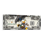 A dapper cartoon tycoon strolling with a black umbrella and a monogram handbag across a white one-hundred-dollar bill. panoramic glass wall art F