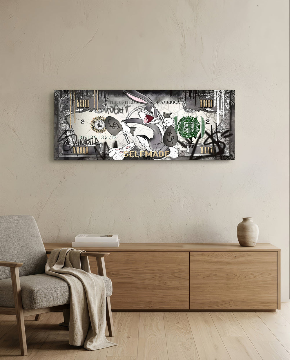 A grinning cartoon rabbit dashing with dollar-sign money bags across a silver-toned hundred-dollar bill. panoramic glass wall art A