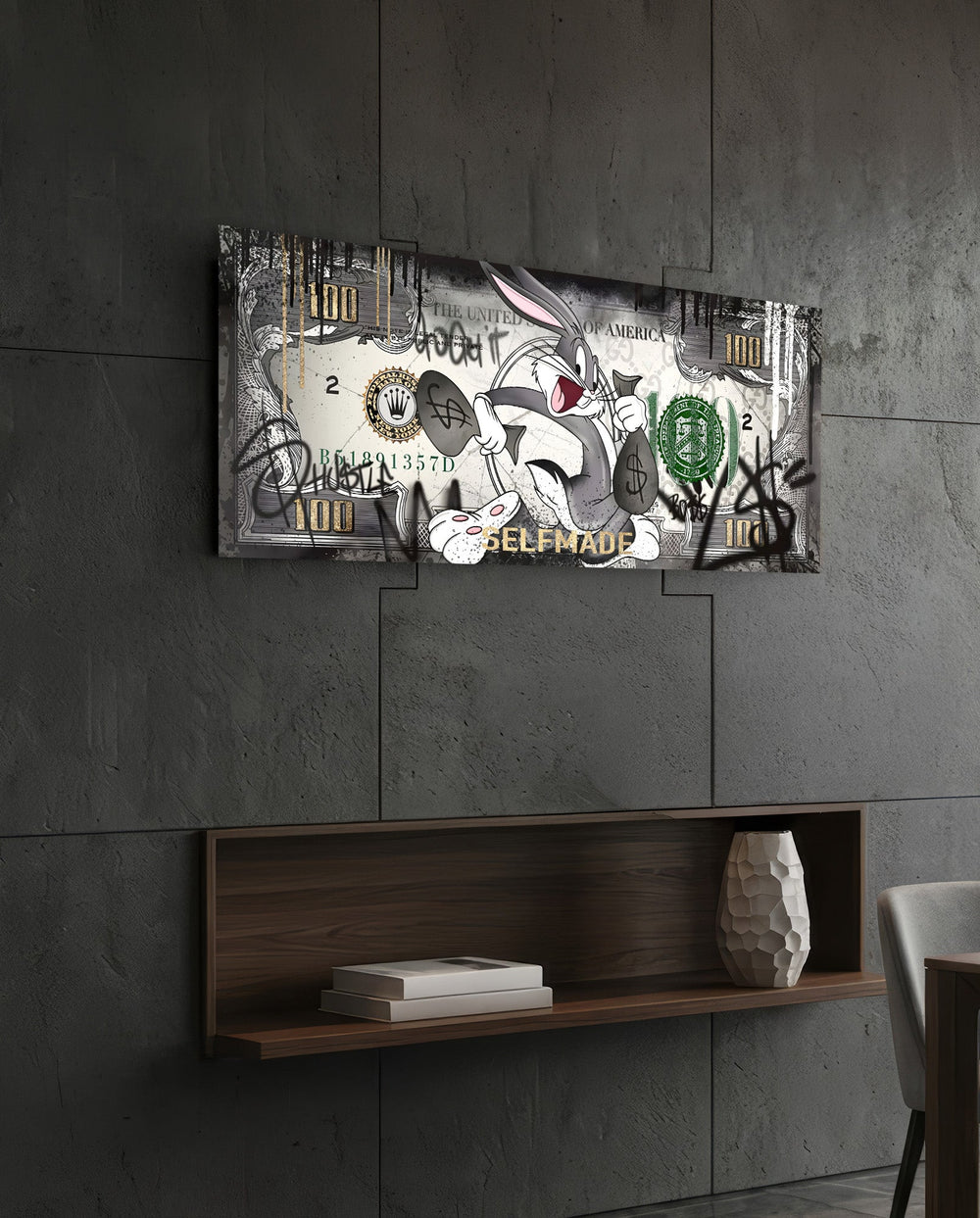 Silver Selfmade Rabbit Dollar Glass Wall Art (36"x14")