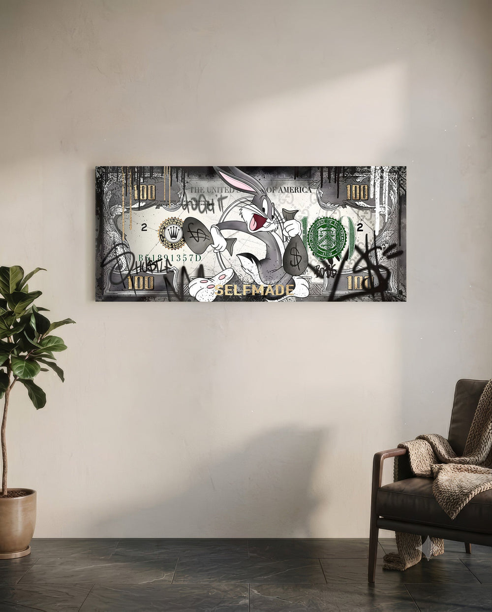 A grinning cartoon rabbit dashing with dollar-sign money bags across a silver-toned hundred-dollar bill. panoramic glass wall art C