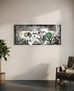 A grinning cartoon rabbit dashing with dollar-sign money bags across a silver-toned hundred-dollar bill. panoramic glass wall art C