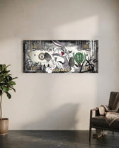 A grinning cartoon rabbit dashing with dollar-sign money bags across a silver-toned hundred-dollar bill. panoramic glass wall art C
