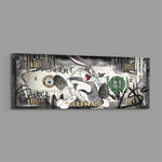 A grinning cartoon rabbit dashing with dollar-sign money bags across a silver-toned hundred-dollar bill. panoramic glass wall art E