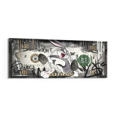 A grinning cartoon rabbit dashing with dollar-sign money bags across a silver-toned hundred-dollar bill. panoramic glass wall art F
