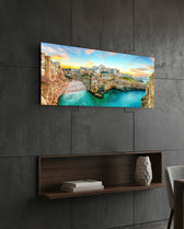 Turquoise Cove Coastal Town Glass Wall Art (36"x14")
