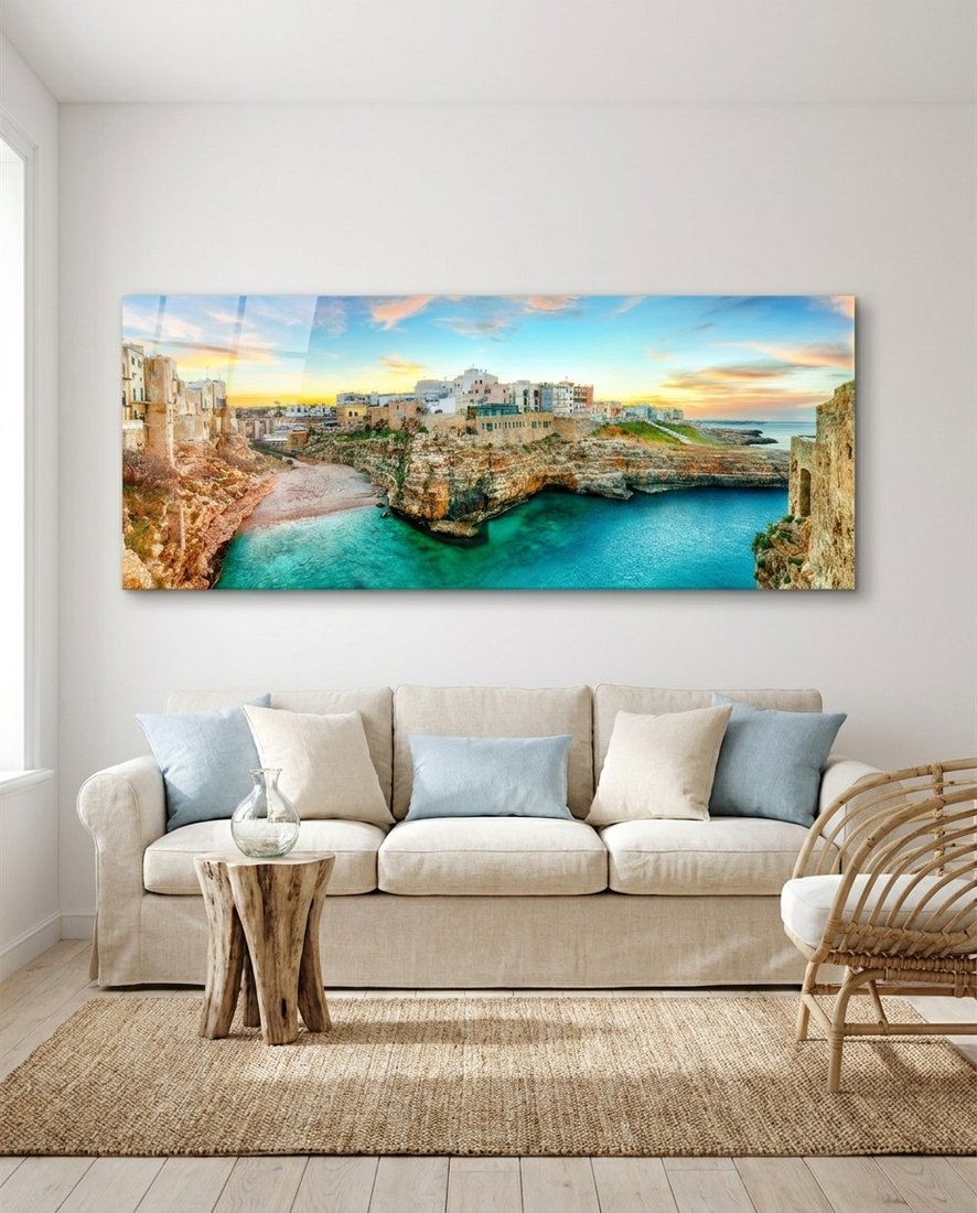 Turquoise Cove Coastal Town Glass Wall Art (36"x14")
