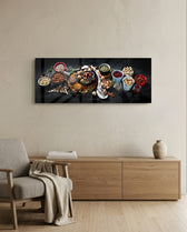 An overhead spread of mixed nuts, seeds, and dried fruit in bowls on a dark surface. panoramic glass wall art A