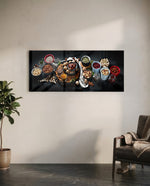 An overhead spread of mixed nuts, seeds, and dried fruit in bowls on a dark surface. panoramic glass wall art C