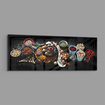 An overhead spread of mixed nuts, seeds, and dried fruit in bowls on a dark surface. panoramic glass wall art E