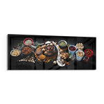 An overhead spread of mixed nuts, seeds, and dried fruit in bowls on a dark surface. panoramic glass wall art F