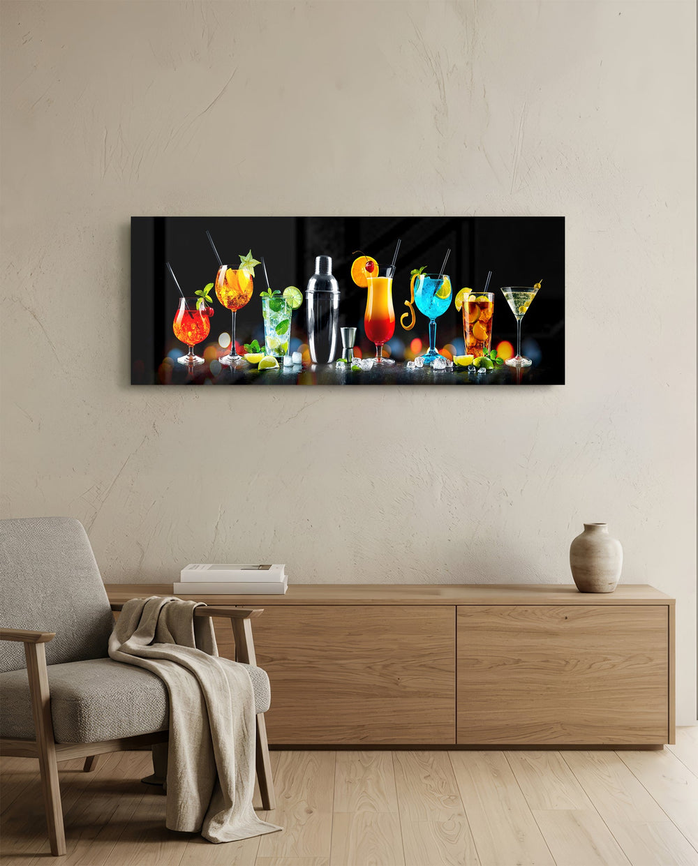 A row of vividly colored cocktails and a silver shaker glowing against a black bar backdrop. panoramic glass wall art A