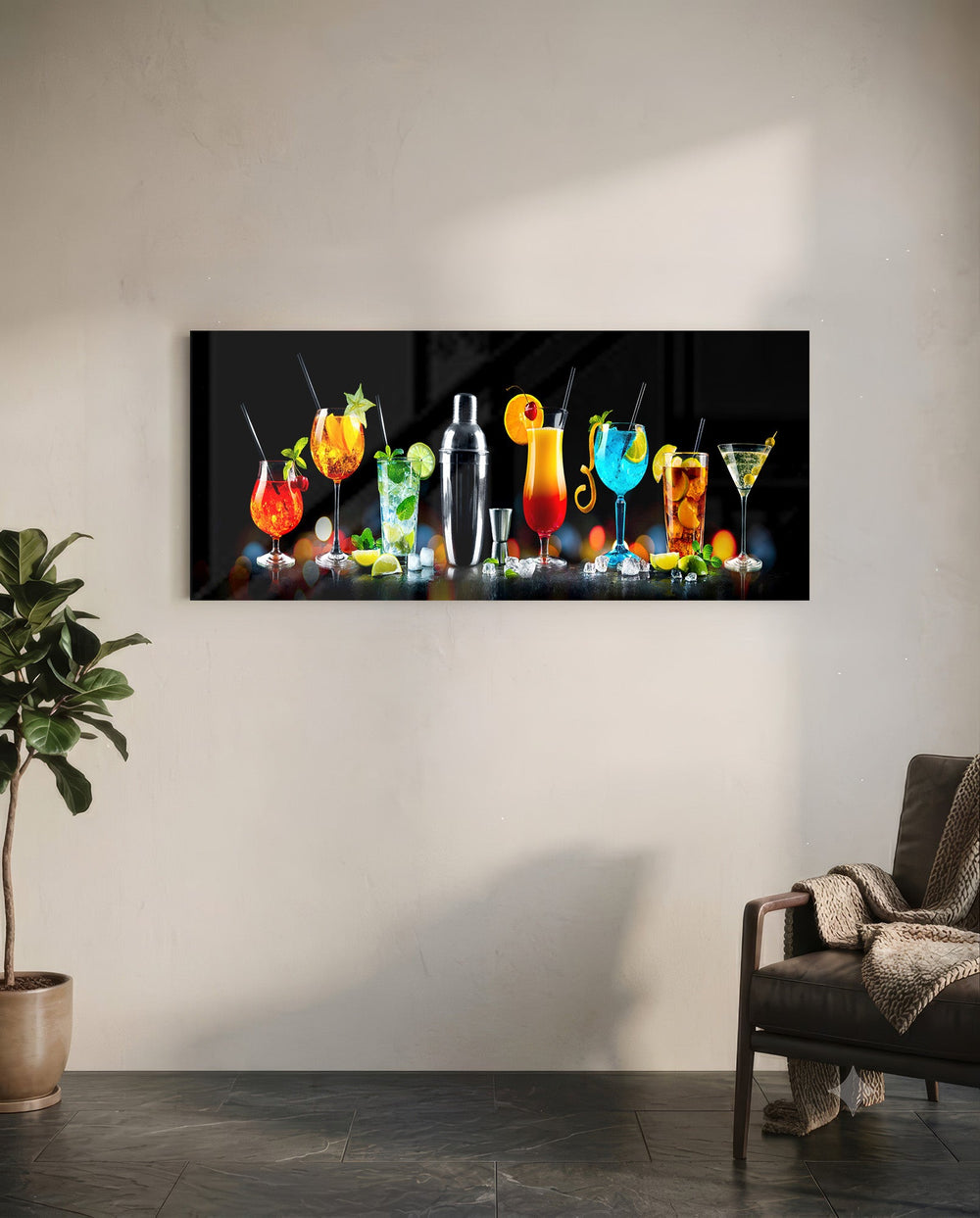 A row of vividly colored cocktails and a silver shaker glowing against a black bar backdrop. panoramic glass wall art C