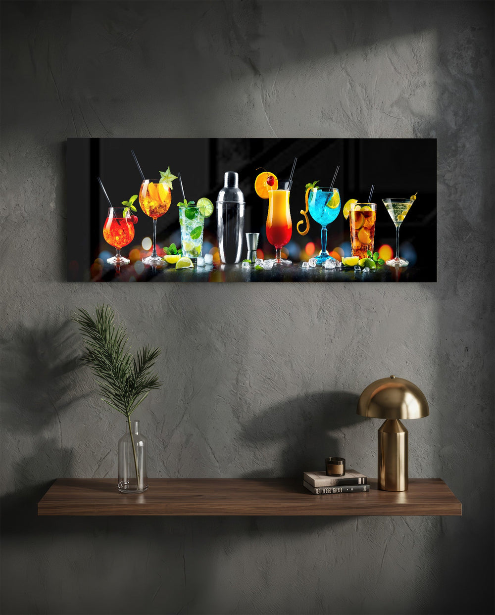 A row of vividly colored cocktails and a silver shaker glowing against a black bar backdrop. panoramic glass wall art D