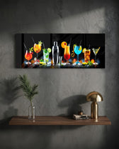 A row of vividly colored cocktails and a silver shaker glowing against a black bar backdrop. panoramic glass wall art D