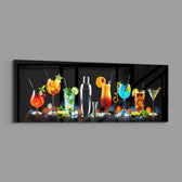 A row of vividly colored cocktails and a silver shaker glowing against a black bar backdrop. panoramic glass wall art E