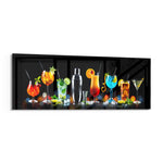 A row of vividly colored cocktails and a silver shaker glowing against a black bar backdrop. panoramic glass wall art F