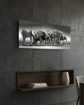 Black and White Elephant Herd Glass Wall Art (36"x14")