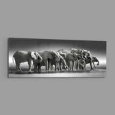 A herd of African elephants gathered at a waterline in soft black and white. panoramic glass wall art E