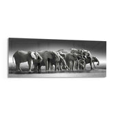 A herd of African elephants gathered at a waterline in soft black and white. panoramic glass wall art F