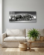 Black and White Elephant Herd Glass Wall Art (36"x14")