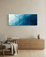 A flowing abstract that drifts from pale misty blue into deep navy like moving water. panoramic glass wall art A