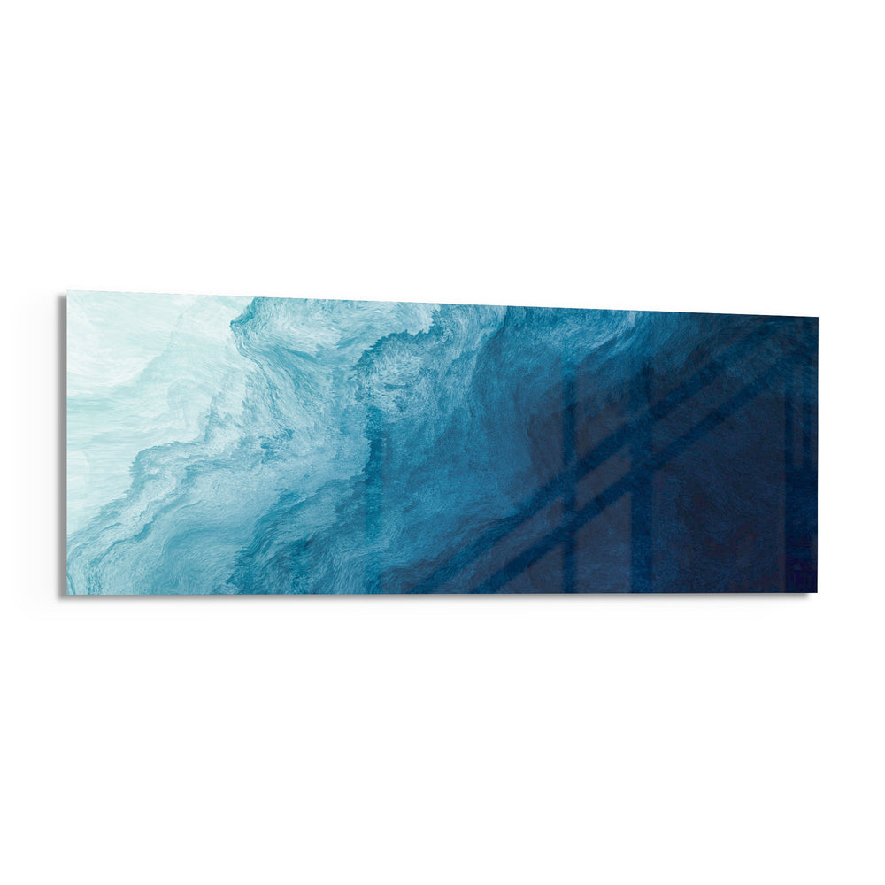 A flowing abstract that drifts from pale misty blue into deep navy like moving water. panoramic glass wall art F