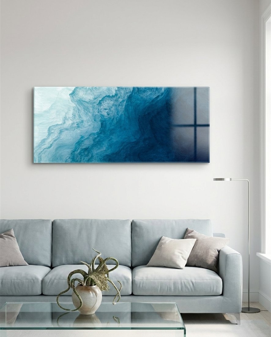 Flowing Blue Ocean Abstract Glass Wall Art (36"x14")