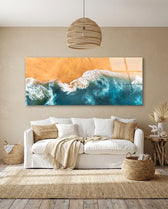 Aerial Beach Ocean Waves Glass Wall Art (36"x14")