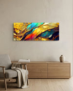 A jewel-toned stained-glass-style mosaic of gold, teal, red and blue panels with gilded veins. panoramic glass wall art A