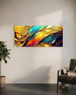 A jewel-toned stained-glass-style mosaic of gold, teal, red and blue panels with gilded veins. panoramic glass wall art C