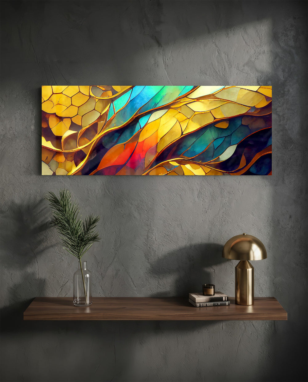 A jewel-toned stained-glass-style mosaic of gold, teal, red and blue panels with gilded veins. panoramic glass wall art D