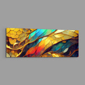 A jewel-toned stained-glass-style mosaic of gold, teal, red and blue panels with gilded veins. panoramic glass wall art E