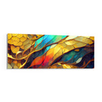 A jewel-toned stained-glass-style mosaic of gold, teal, red and blue panels with gilded veins. panoramic glass wall art F