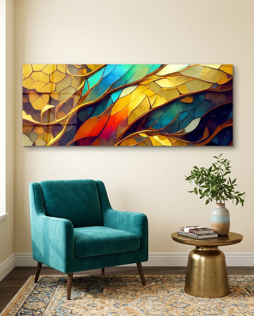 Gold and Teal Mosaic Glass Wall Art (36"x14")