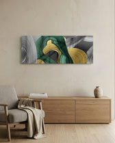 Sweeping emerald green and metallic gold brushstrokes curling over soft gray. panoramic glass wall art A