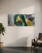 Sweeping emerald green and metallic gold brushstrokes curling over soft gray. panoramic glass wall art C