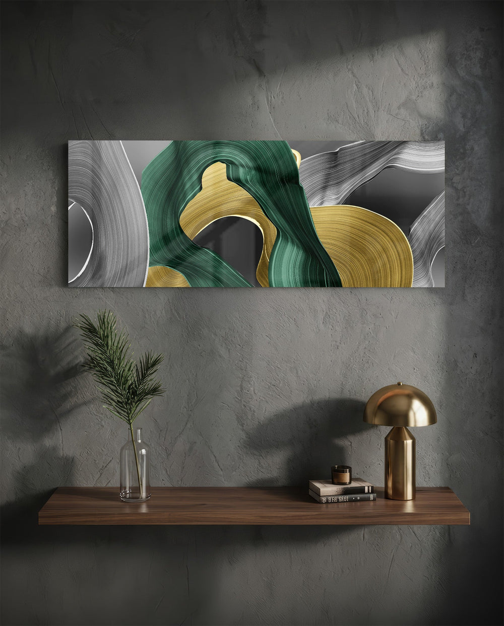 Sweeping emerald green and metallic gold brushstrokes curling over soft gray. panoramic glass wall art D
