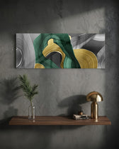 Sweeping emerald green and metallic gold brushstrokes curling over soft gray. panoramic glass wall art D