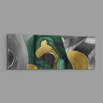 Sweeping emerald green and metallic gold brushstrokes curling over soft gray. panoramic glass wall art E