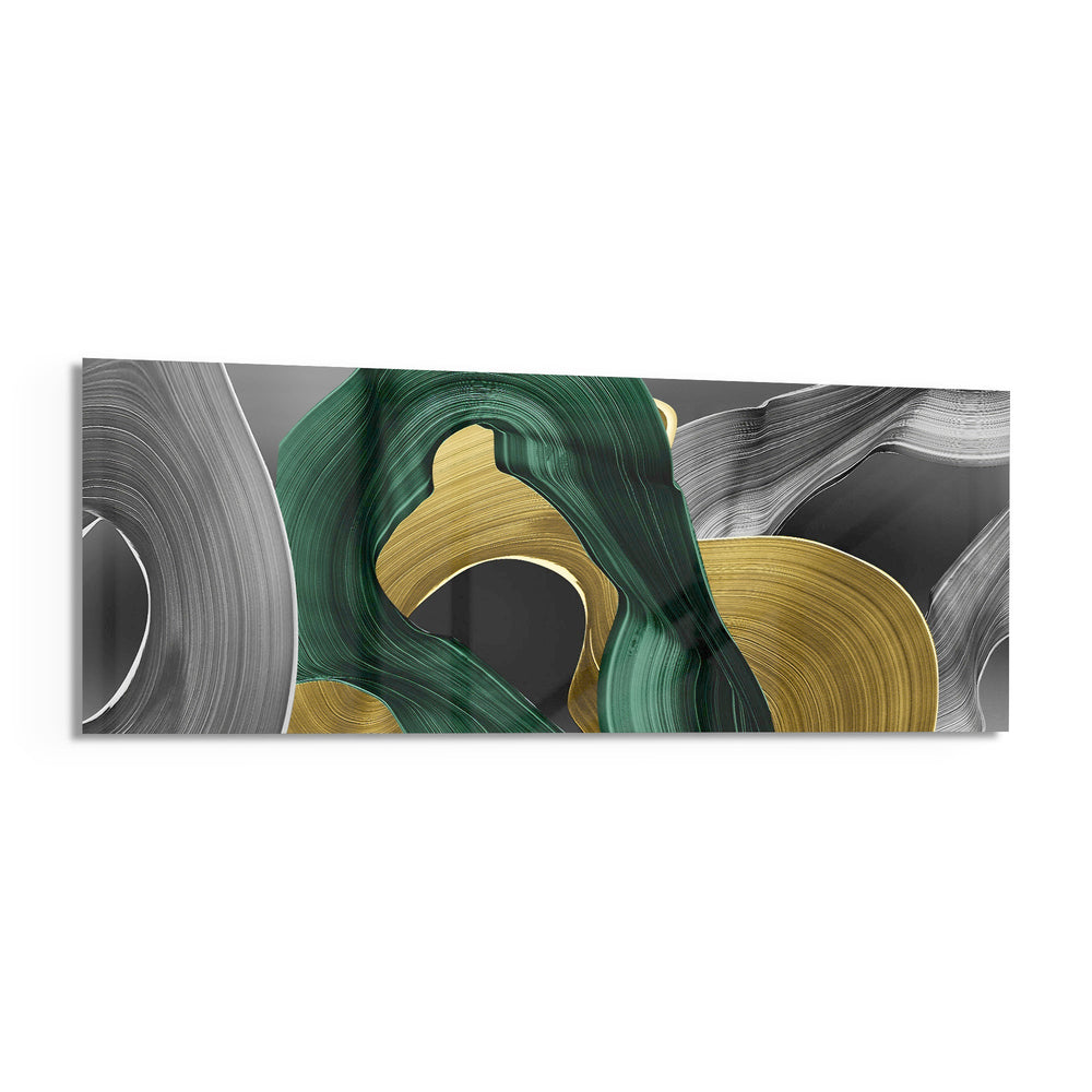 Sweeping emerald green and metallic gold brushstrokes curling over soft gray. panoramic glass wall art F