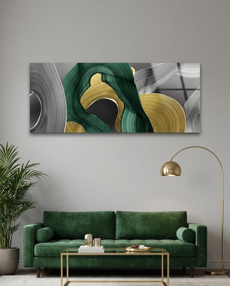 Emerald Green and Gold Abstract Glass Wall Art (36"x14")