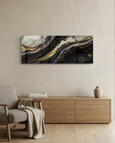 Dramatic black and white marble threaded with molten gold veins. panoramic glass wall art A